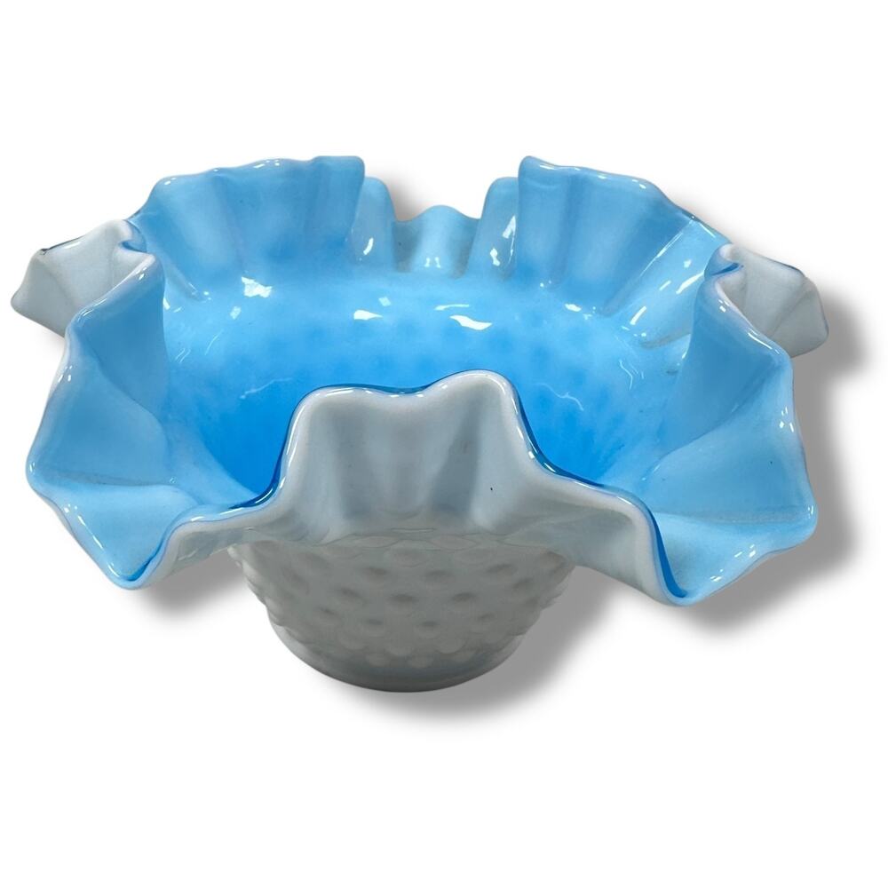 Vintage Kanawha White Blue Milk Glass Candy Dish 6.5" Hobnail Ruffled Rim